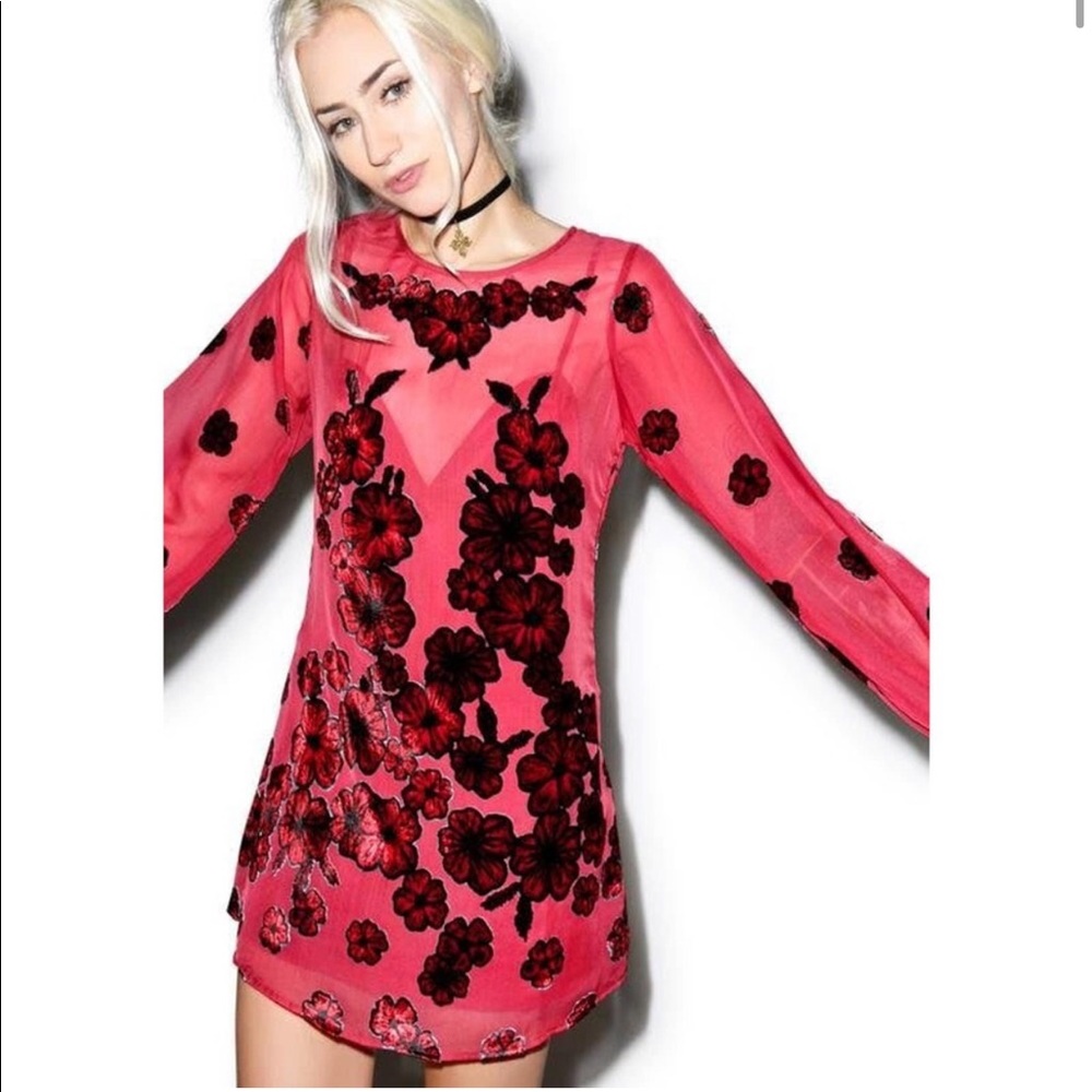 For Love and Lemons Heather Mini Mesh Sheer Dress Red Floral Velvet Small